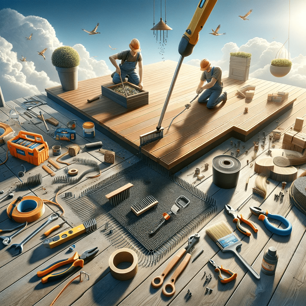 Ilustración realista con herramientas para instalación y mantenimiento de suelos deck, perfecta para blogs de diseño exterior | Everdeck