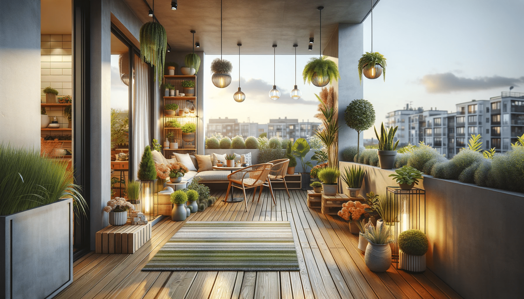 Terraza acogedora con suelo de madera, plantas y muebles multifuncionales | Everdeck