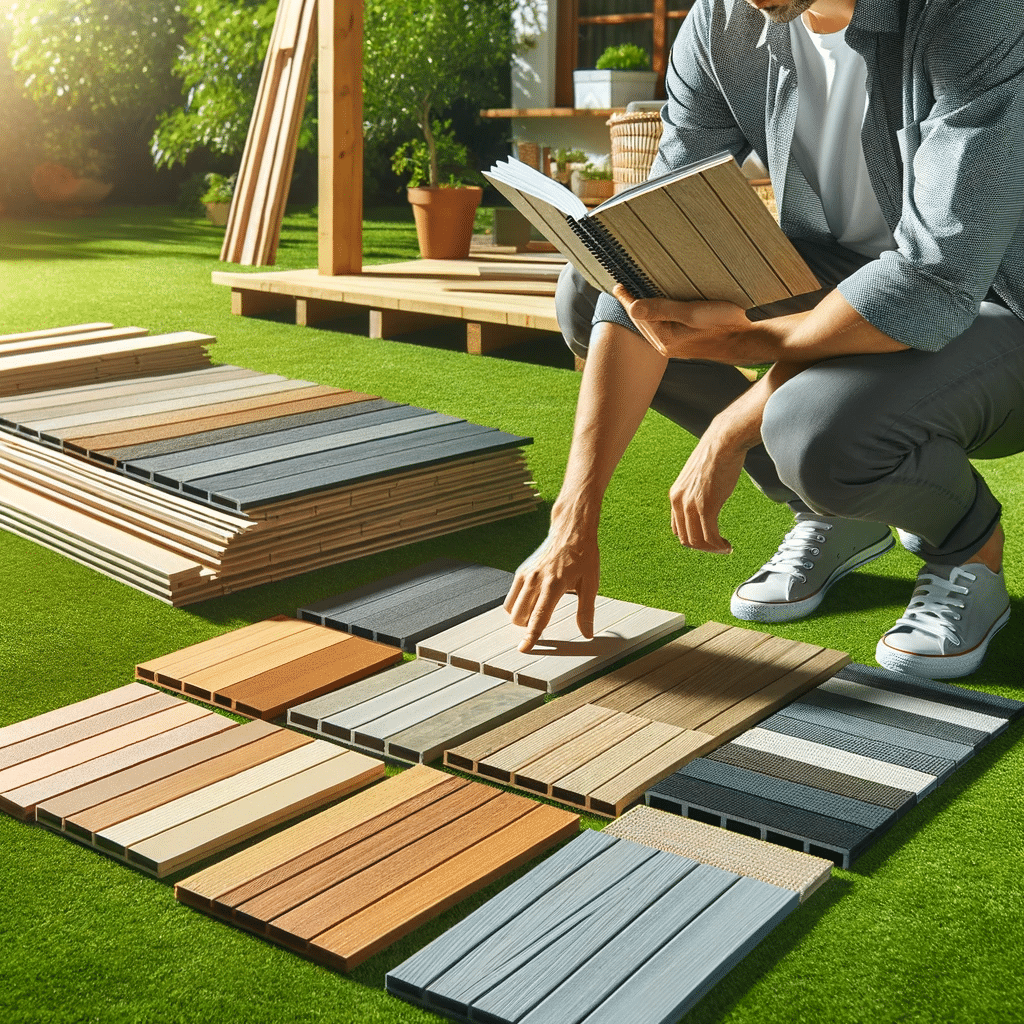 Comparación de muestras de deck al aire libre. Deck sintético piso deck piso espacios instalación línea largo plástico toque elementos hecho selección ancho color | Everdeck