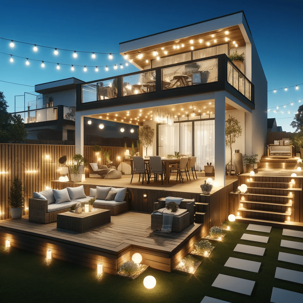 Deck exterior multinivel con iluminación LED. Pisos jardín casa espacios remodelación gracias jardín | Everdeck