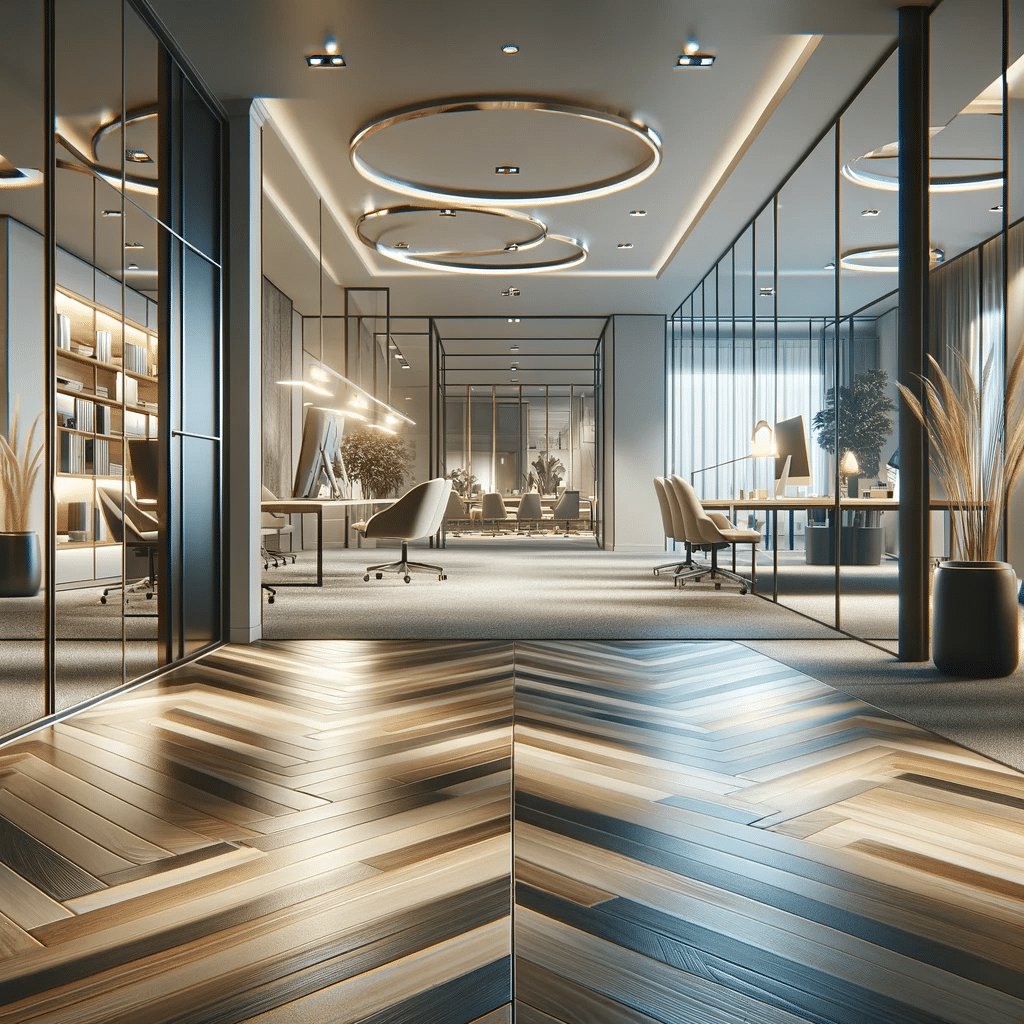 Oficina moderna con piso estilizados. Negocio con instalación de WPC y pasto. | Everdeck