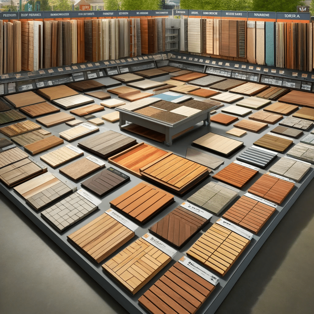 Variedad de materiales para suelos decks en exhibición. Comentarios de deslizamiento en casa de madera. | Everdeck