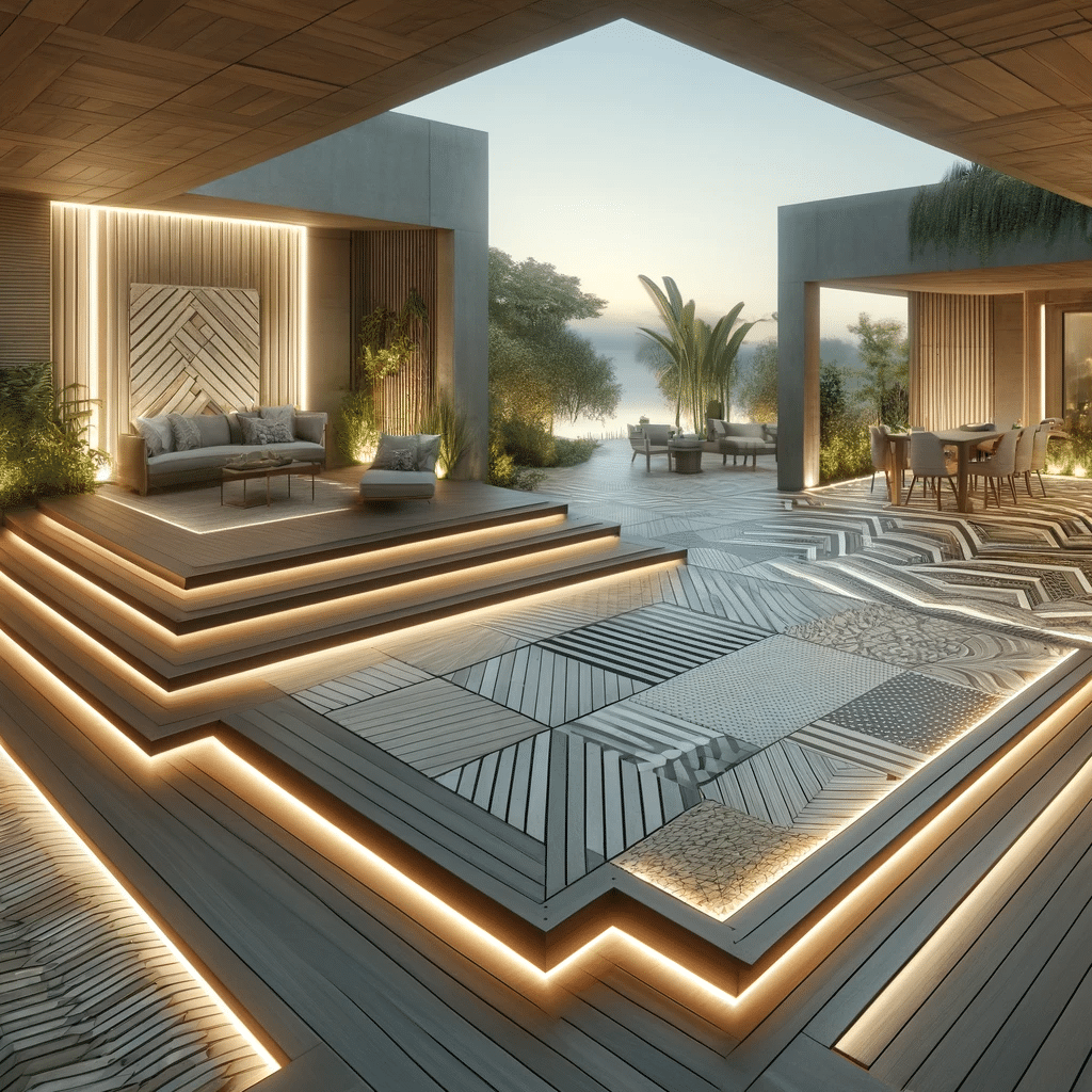 Terraza con diseños creativos de pisos deck. Casa con estilo de terraza y suelo con iluminación en tendencia. | Everdeck