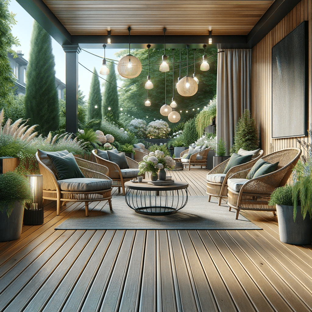 Espacio exterior con piso deck. Uno tipos de manchas y superficie en rayos. | Everdeck