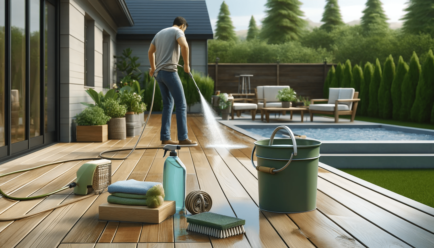 Persona limpiando un piso deck con agua y jabón suave en un entorno exterior. Belleza sistemas calidad vez selección impactos terrazas united kingdom láminas estructuras centro stondeck tecnología toque información uretano zona machas | Everdeck