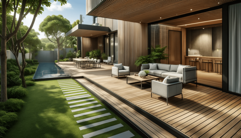 Deck moderno con materiales compuestos y diseÃ±o elegante en un jardÃ­n bien cuidado. Patio madera material bancos decks pÃ©rgola imÃ¡genes aire libre uno estilo color interiores estilo color lugar medio ambiente vanguardia cuentas crear un ambiente decoraciÃ³n diseÃ±o casa patios ambientes tendencias ambiente elecciÃ³n | Everdeck
