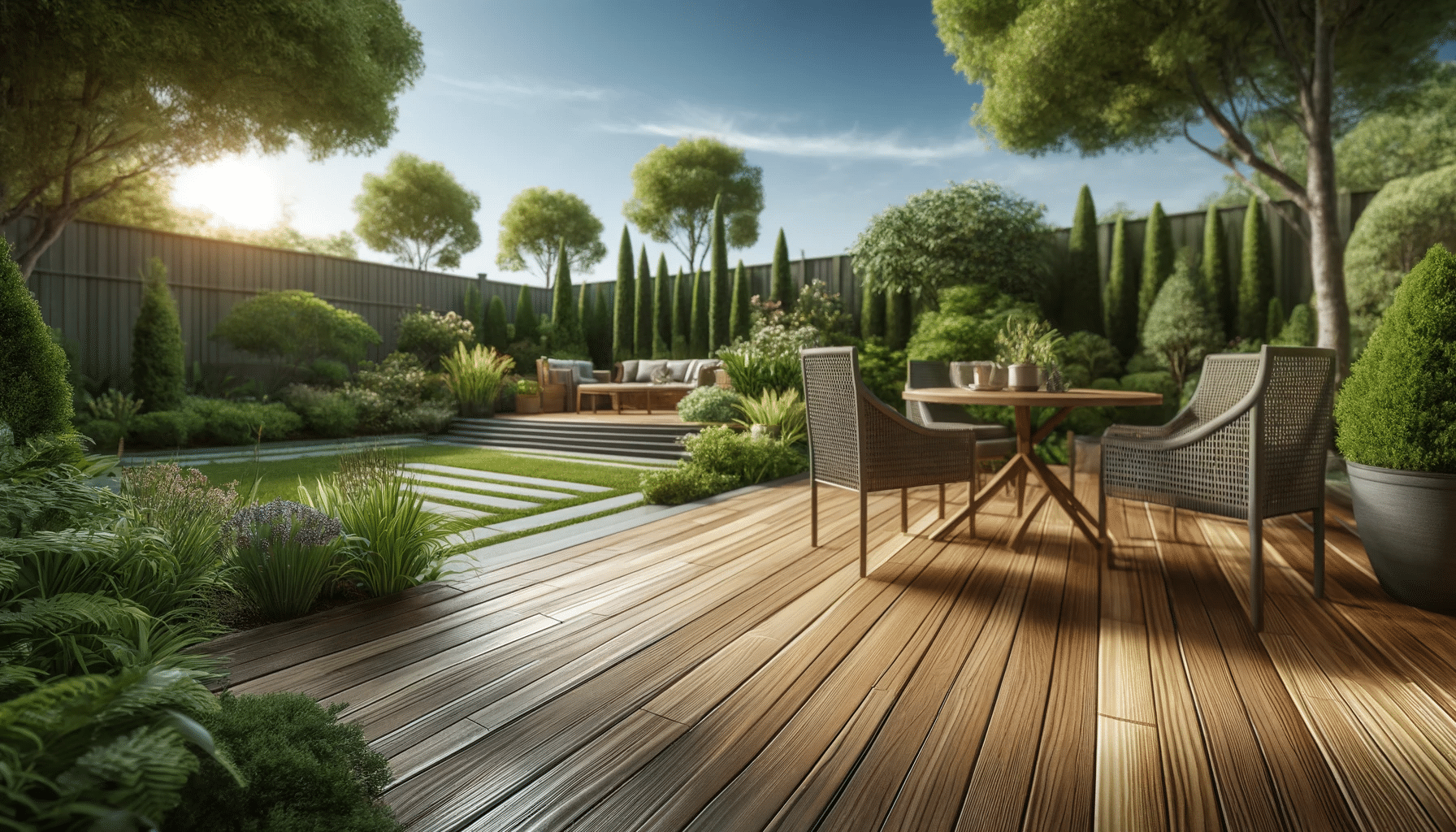 Patio con suelos de madera deck, muebles exteriores y plantas | Everdeck
