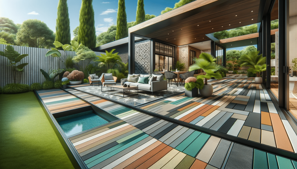 Espacio exterior moderno con deck de color innovadores, muebles contemporÃ¡neos y jardÃ­n | Everdeck