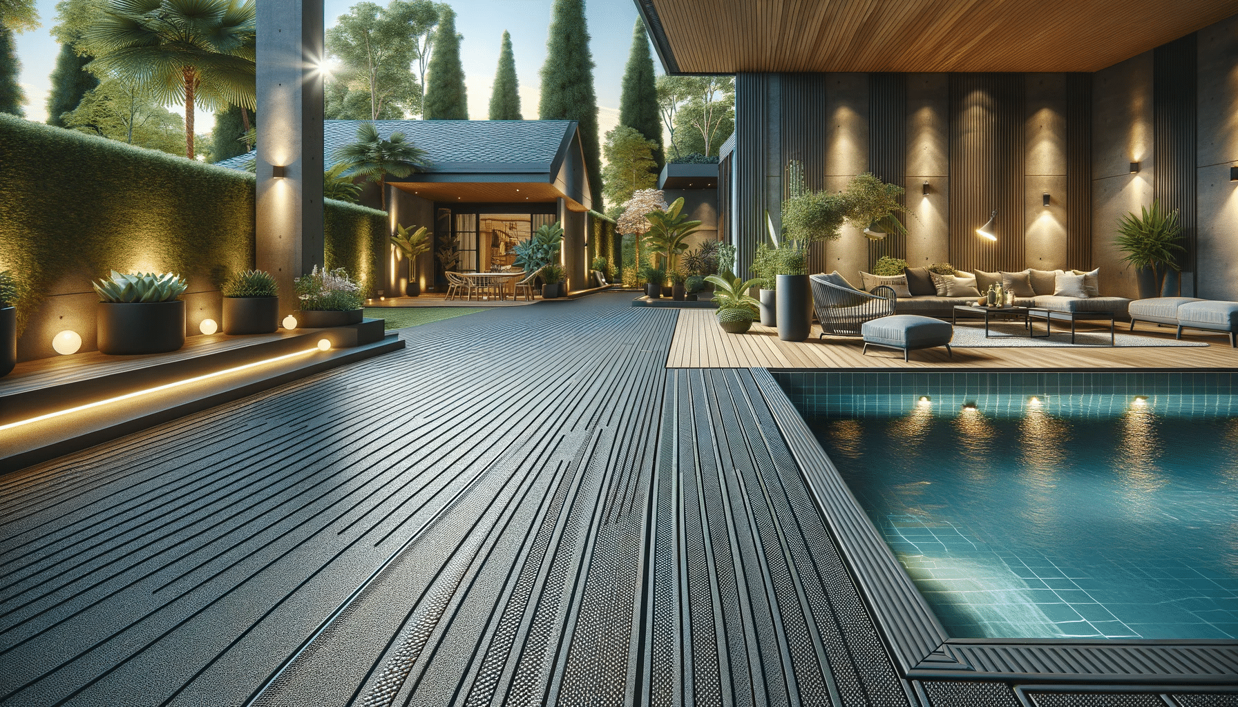 Espacio exterior con deck antideslizante alrededor de una piscina y decoración moderna. | Everdeck
