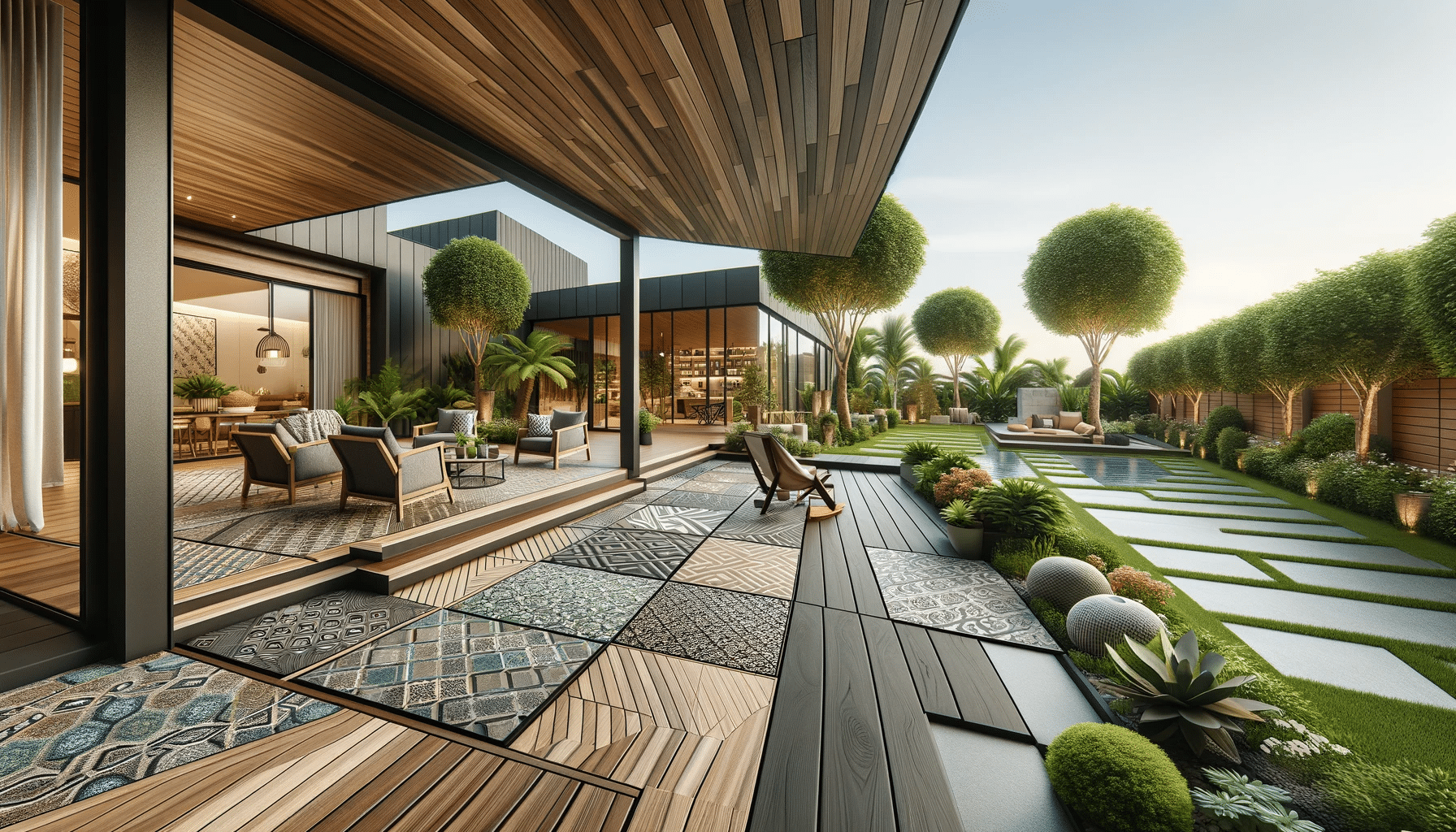 Terraza moderna con pisos decks de madera tratada y compuestos, diseños geométricos y muebles cómodos. Estructuras la redoute en espacio al aire libre | Everdeck