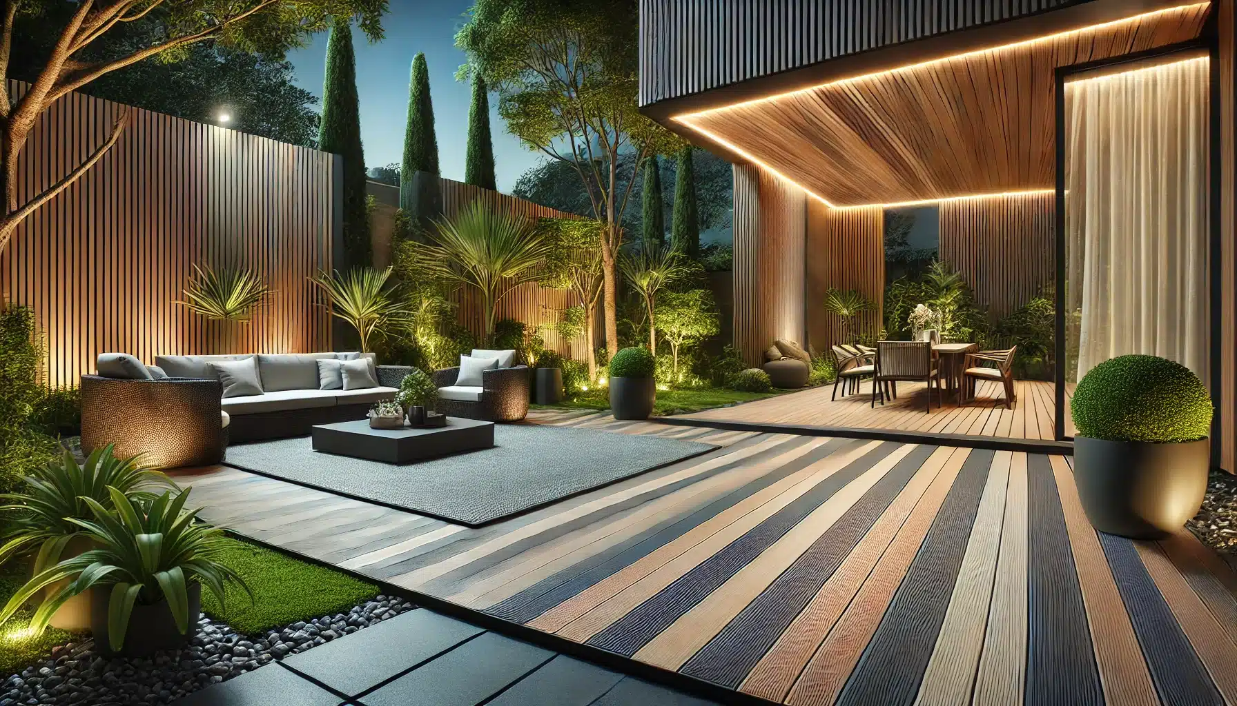 Espacio exterior moderno con deck de materiales compuestos y eco-amigables. Madera ingeniería vivienda productos material pisos de madera plataforma línea medio ambiente producto perfiles empresas mercado desechos hogar economía empresa emprendimiento modelos estilo de vida necesidades proyectos impacto ambiental solución tablones uso calidad negocio sitio web construcción socios tarimas  | Everdeck