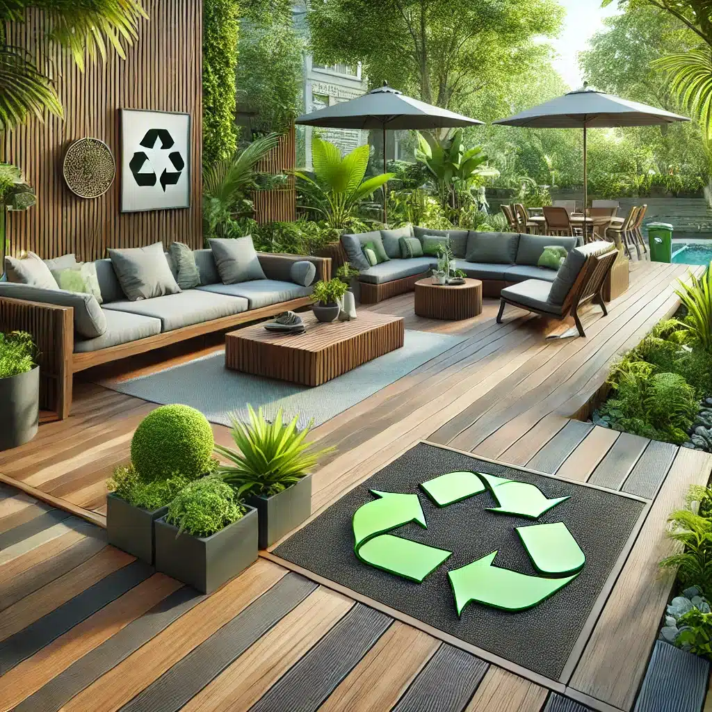 Deck ecológico moderno hecho de madera reciclada y compuestos plásticos en un jardín | Everdeck