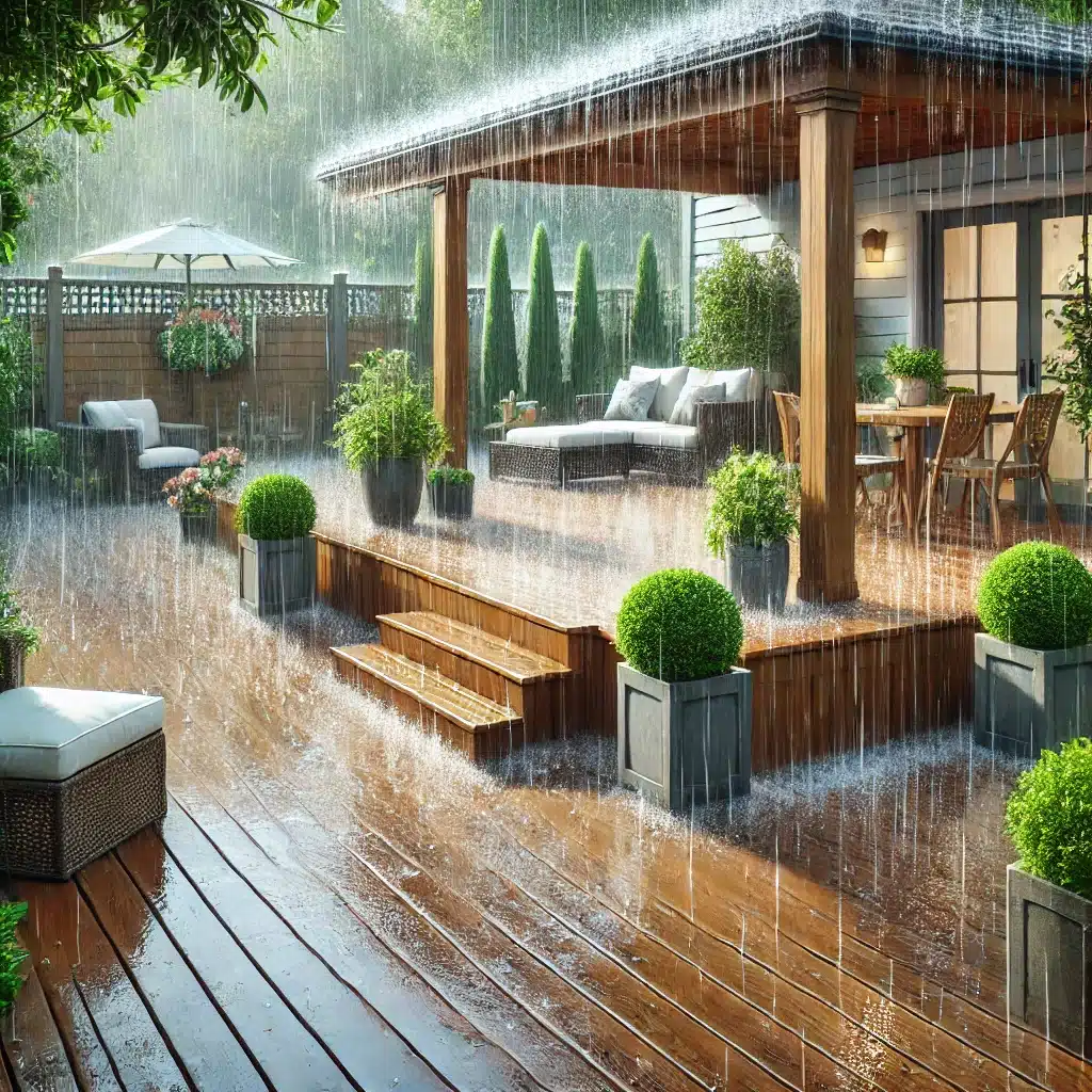 Terraza con deck de madera bien mantenido durante una fuerte lluvia, sin daños visibles. Pavimento en áreas en caso de riesgo de inundaciones | Everdeck