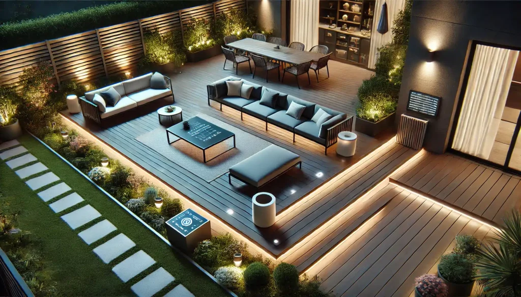 Piso deck moderno con iluminaciÃ³n LED y control de temperatura, rodeado de un jardÃ­n. | Everdeck