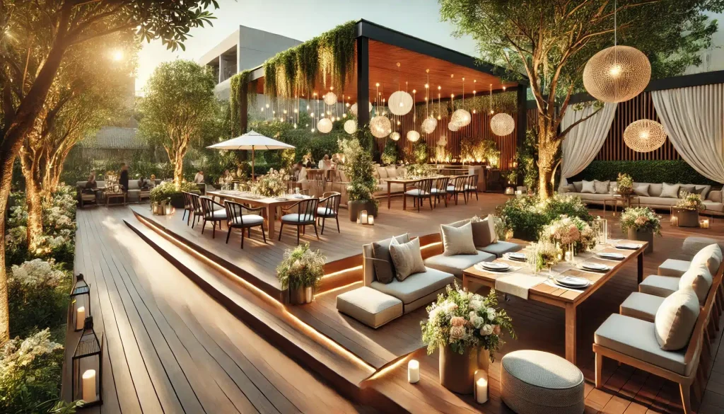Escena de evento al aire libre con piso deck elegante y acogedor, decoraciÃ³n y mesas. JardÃ­n en patio y terraza con piscina o mar | Everdeck