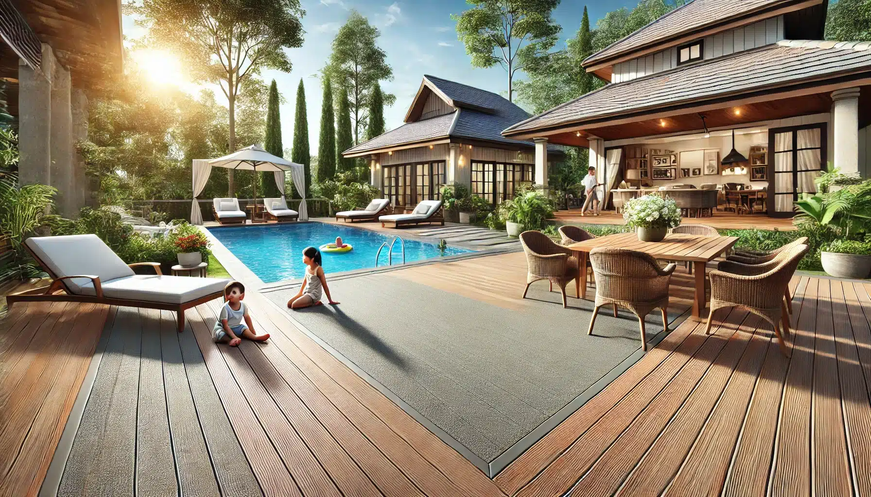 Patio exterior con suelo antideslizante, niños y ancianos disfrutando. Novedades en pisos deck antideslizantes seguridad y estilo para 2024 | Everdeck