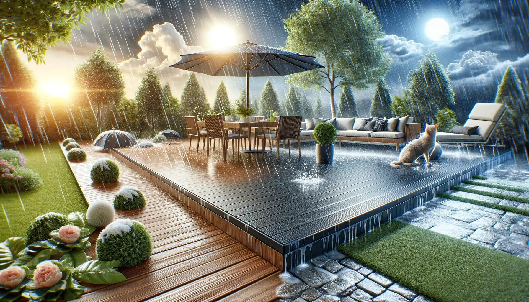 Terraza con piso resistente a climas extremos: lluvia, sol intenso y nieve. Suelo en zona de plantas, riego, hojas, raíces, agua y jardines. | Everdeck